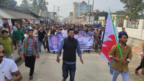 নান্দাইলে দ্বাদশ নির্বাচনে নৌকার সমর্থনে ছাত্রলীগের মিছিল